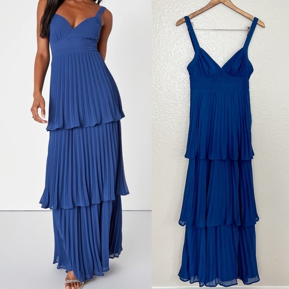 Luxe Perfection Blue Pleated Tiered Backless Maxi Dress